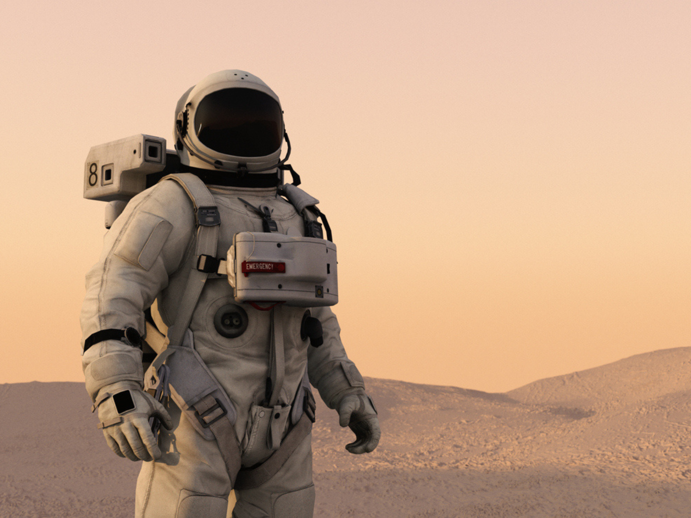 Astronaut in a white spacesuit standing within a surreal, glowing orange cosmic environment with nebulae and stars.