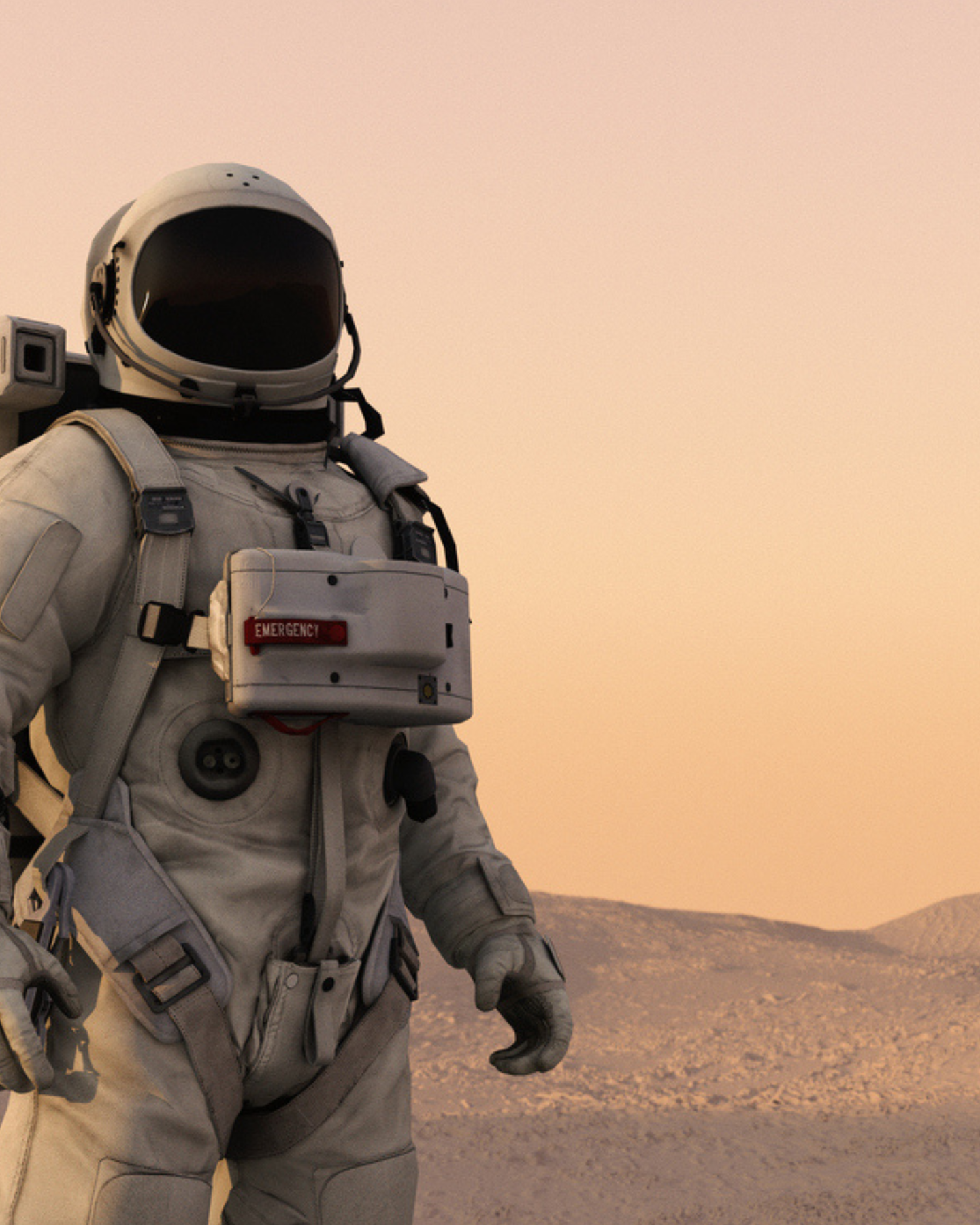Astronaut in a white spacesuit standing within a surreal, glowing orange cosmic environment with nebulae and stars.