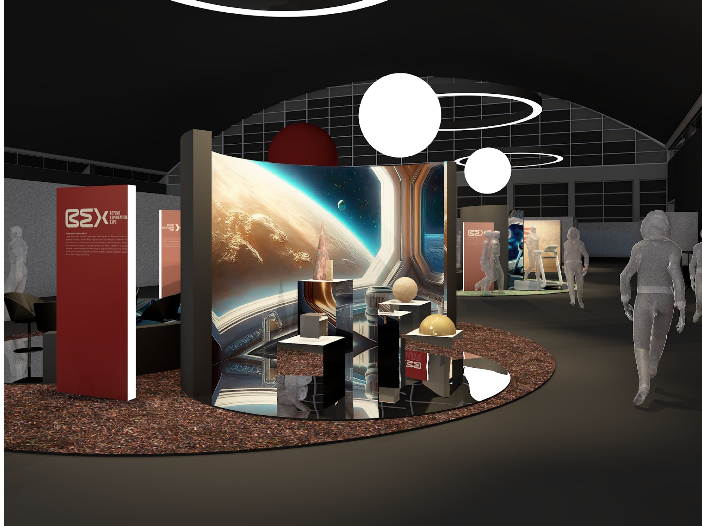 Architectural visualization of the internal pavilion layout at BEX - Beyond Exploration, Rimini.