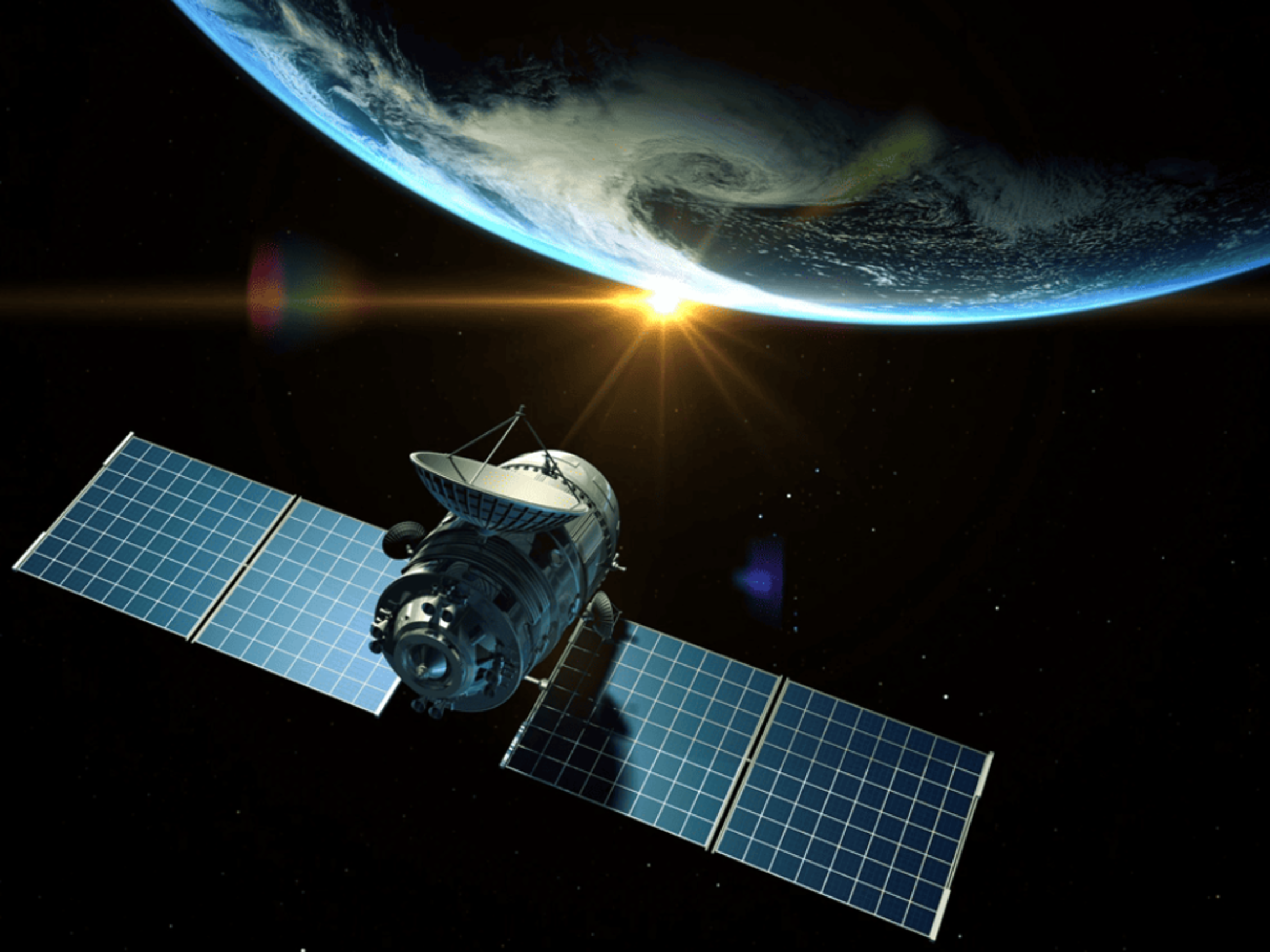Communications satellite floating in deep space, featuring solar panels and the Planet Earth in the distance.